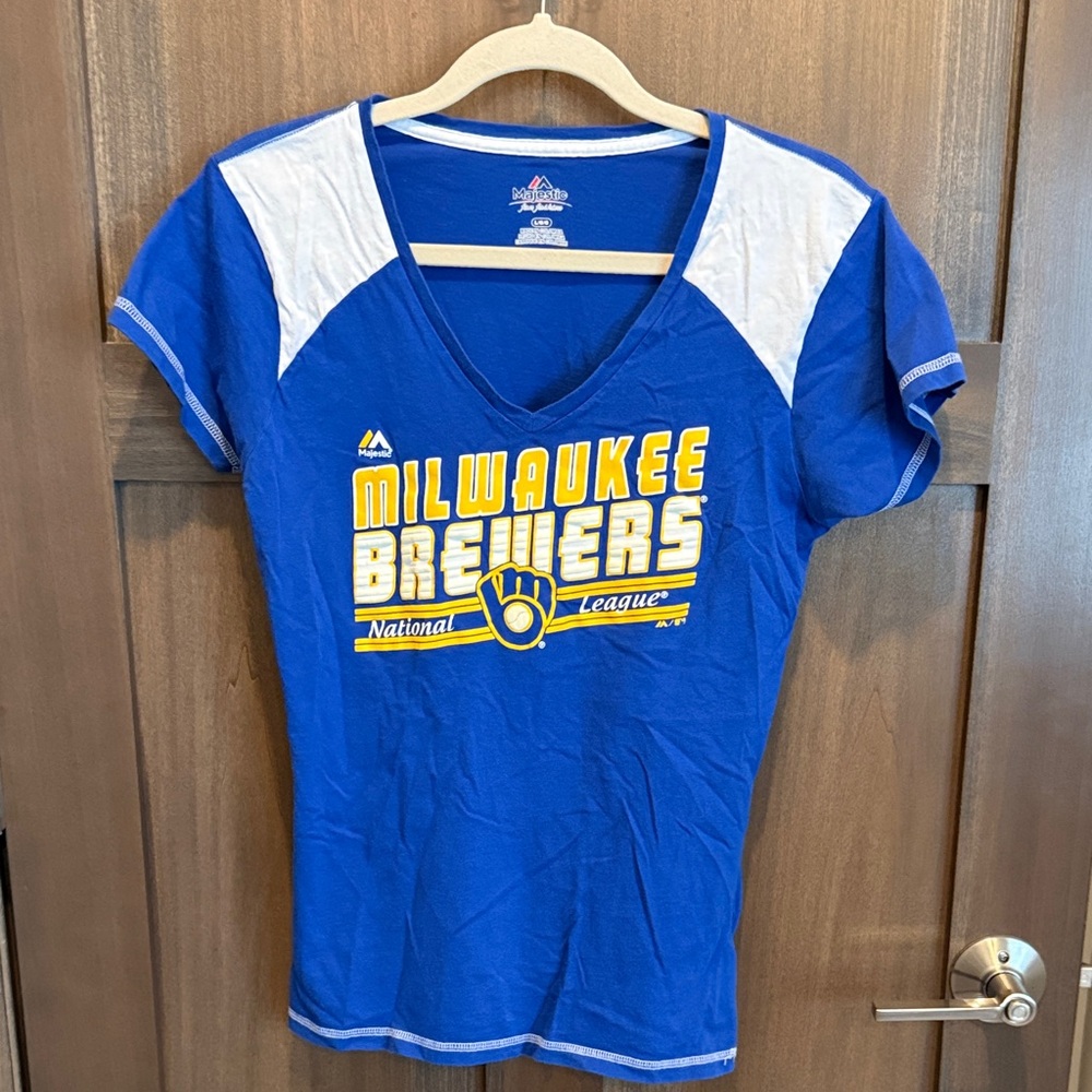 Majestic Blue and White Milwaukee Brewers V-Neck Tee